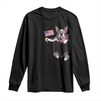 Funny Patriotic French Bulldog in Pocket Graphic Long Sleeve Shirt Cute Frenchie Waving US Flag Sunglasses Faux Summer