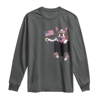 Funny Patriotic French Bulldog in Pocket Graphic Long Sleeve Shirt Cute Frenchie Waving US Flag Sunglasses Faux Summer