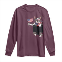 Funny Patriotic French Bulldog in Pocket Graphic Long Sleeve Shirt Cute Frenchie Waving US Flag Sunglasses Faux Summer