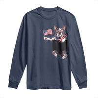 Funny Patriotic French Bulldog in Pocket Graphic Long Sleeve Shirt Cute Frenchie Waving US Flag Sunglasses Faux Summer