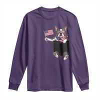 Funny Patriotic French Bulldog in Pocket Graphic Long Sleeve Shirt Cute Frenchie Waving US Flag Sunglasses Faux Summer