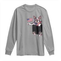 Funny Patriotic French Bulldog in Pocket Graphic Long Sleeve Shirt Cute Frenchie Waving US Flag Sunglasses Faux Summer