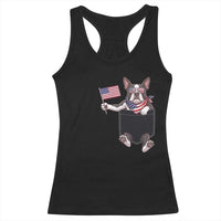Funny Patriotic French Bulldog in Pocket Graphic Racerback Tank Top Cute Frenchie Waving US Flag Sunglasses Faux Summer