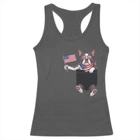 Funny Patriotic French Bulldog in Pocket Graphic Racerback Tank Top Cute Frenchie Waving US Flag Sunglasses Faux Summer