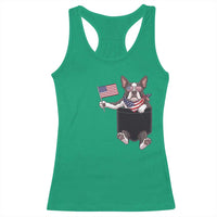 Funny Patriotic French Bulldog in Pocket Graphic Racerback Tank Top Cute Frenchie Waving US Flag Sunglasses Faux Summer
