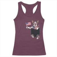 Funny Patriotic French Bulldog in Pocket Graphic Racerback Tank Top Cute Frenchie Waving US Flag Sunglasses Faux Summer