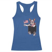 Funny Patriotic French Bulldog in Pocket Graphic Racerback Tank Top Cute Frenchie Waving US Flag Sunglasses Faux Summer