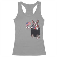Funny Patriotic French Bulldog in Pocket Graphic Racerback Tank Top Cute Frenchie Waving US Flag Sunglasses Faux Summer