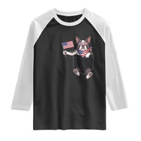 Funny Patriotic French Bulldog in Pocket Graphic Raglan Shirt Cute Frenchie Waving US Flag Sunglasses Faux Summer