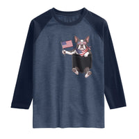 Funny Patriotic French Bulldog in Pocket Graphic Raglan Shirt Cute Frenchie Waving US Flag Sunglasses Faux Summer