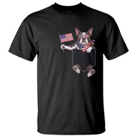 Funny Patriotic French Bulldog in Pocket Graphic T Shirt Cute Frenchie Waving US Flag Sunglasses Faux Summer