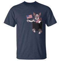 Funny Patriotic French Bulldog in Pocket Graphic T Shirt Cute Frenchie Waving US Flag Sunglasses Faux Summer