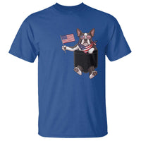Funny Patriotic French Bulldog in Pocket Graphic T Shirt Cute Frenchie Waving US Flag Sunglasses Faux Summer