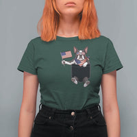 Funny Patriotic French Bulldog in Pocket Graphic T Shirt For Women Cute Frenchie Waving US Flag Sunglasses Faux Summer