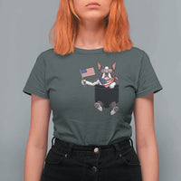 Funny Patriotic French Bulldog in Pocket Graphic T Shirt For Women Cute Frenchie Waving US Flag Sunglasses Faux Summer