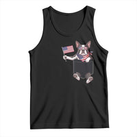 Funny Patriotic French Bulldog in Pocket Graphic Tank Top Cute Frenchie Waving US Flag Sunglasses Faux Summer