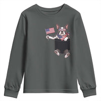 Funny Patriotic French Bulldog in Pocket Graphic Youth Sweatshirt Cute Frenchie Waving US Flag Sunglasses Faux Summer