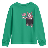 Funny Patriotic French Bulldog in Pocket Graphic Youth Sweatshirt Cute Frenchie Waving US Flag Sunglasses Faux Summer