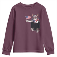 Funny Patriotic French Bulldog in Pocket Graphic Youth Sweatshirt Cute Frenchie Waving US Flag Sunglasses Faux Summer