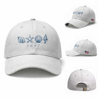 8647 Sea Shells Starfish Vintage Coastal Blue Line Graphic Baseball Cap Coded Political Satire