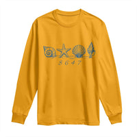 8647 Sea Shells Starfish Vintage Coastal Blue Line Graphic Long Sleeve Shirt Coded Political Satire