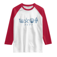 8647 Sea Shells Starfish Vintage Coastal Blue Line Graphic Raglan Shirt Coded Political Satire