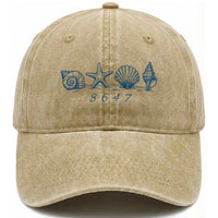 8647 Sea Shells Starfish Vintage Coastal Blue Line Graphic Washed Cotton Baseball Cap Coded Political Satire