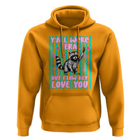 Y'all Were Feral But I Low Key Love You Pink Stripes Raccoon Hoodie Funny Teacher End of Yea