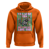 Y'all Were Feral But I Low Key Love You Pink Stripes Raccoon Hoodie Funny Teacher End of Yea
