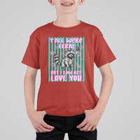 Y'all Were Feral But I Low Key Love You Pink Stripes Raccoon T Shirt For Kid Funny Teacher End of Yea