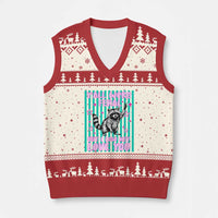 Y'all Were Feral But I Low Key Love You Pink Stripes Raccoon V-Neck Knit Sweater Vest Funny Teacher End of School Year