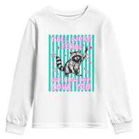 Y'all Were Feral But I Low Key Love You Pink Stripes Raccoon Youth Sweatshirt Funny Teacher End of School Year