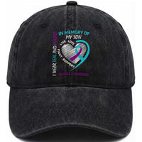 In Memory of My Son Suicide Awareness Washed Cotton Baseball Cap Teal and Purple Ribbon Remembrance Gift
