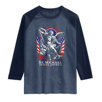 St Michael Defend America Archangel Graphic Raglan Shirt Christian Faith Patriotic