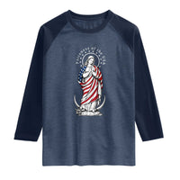 Patroness of the USA Virgin Mary Graphic Raglan Shirt Patriotic American Flag Catholic Faith