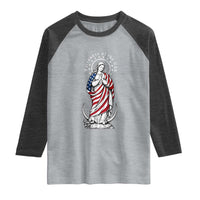 Patroness of the USA Virgin Mary Graphic Raglan Shirt Patriotic American Flag Catholic Faith