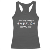 The One Where America Turns 250 Funny Sitcom Parody Racerback Tank Top Red White and Blue Dots Retro TV Show Semiquincentennial