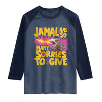 Jamal Has So Many Sorries To Give Raglan Shirt Funny Fire Breathing Hammerhead Shark Gamer