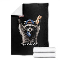 Funny America Raccoon Happy 4th of July Throw Blanket Holding Hotdog and US Flag Patriotic Graphic