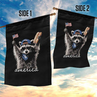 Funny America Raccoon Happy 4th of July Garden Flag Holding Hotdog and US Flag Patriotic Graphic