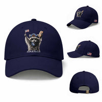 Funny America Raccoon Happy 4th of July Baseball Cap Holding Hotdog and US Flag Patriotic Graphic
