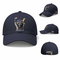 Funny America Raccoon Happy 4th of July Baseball Cap Holding Hotdog and US Flag Patriotic Graphic