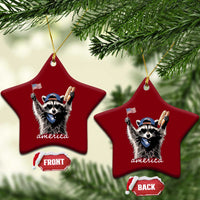 Funny America Raccoon Happy 4th of July Ceramic Ornament Holding Hotdog and US Flag Patriotic Graphic