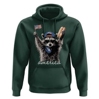Funny America Raccoon Happy 4th of July Hoodie Holding Hotdog and US Flag Patriotic Graphic