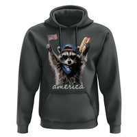 Funny America Raccoon Happy 4th of July Hoodie Holding Hotdog and US Flag Patriotic Graphic