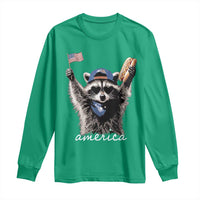 Funny America Raccoon Happy 4th of July Long Sleeve Shirt Holding Hotdog and US Flag Patriotic Graphic