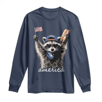 Funny America Raccoon Happy 4th of July Long Sleeve Shirt Holding Hotdog and US Flag Patriotic Graphic
