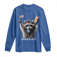 Funny America Raccoon Happy 4th of July Long Sleeve Shirt Holding Hotdog and US Flag Patriotic Graphic