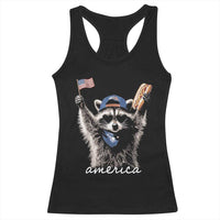 Funny America Raccoon Happy 4th of July Racerback Tank Top Holding Hotdog and US Flag Patriotic Graphic