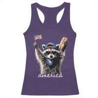Funny America Raccoon Happy 4th of July Racerback Tank Top Holding Hotdog and US Flag Patriotic Graphic